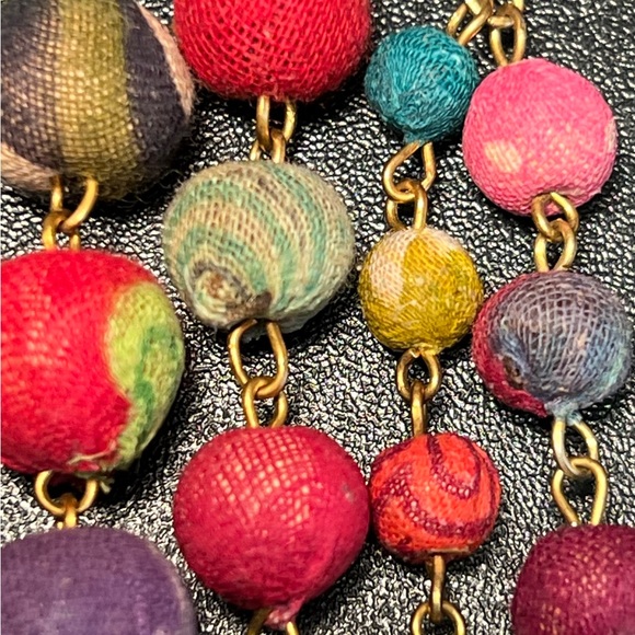 Kantha Multi Strand Colorful Textile Handmade Gold Tone Beaded Exotic Necklace - Picture 4 of 11